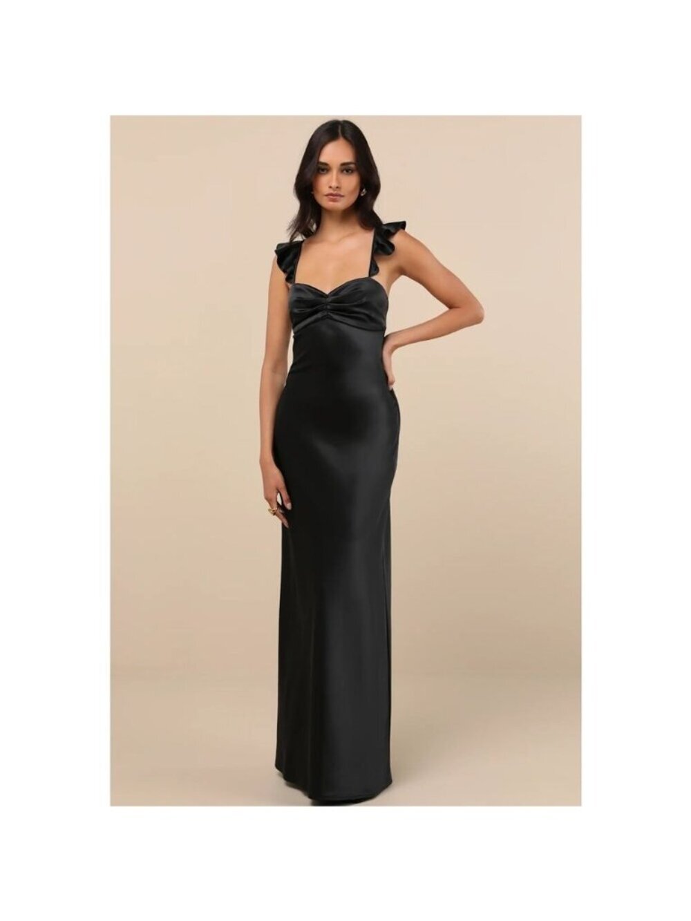 Lulus Exuberant Luxury Black Satin Ruffled Lace-Up Maxi Dress Sweetheart Medium